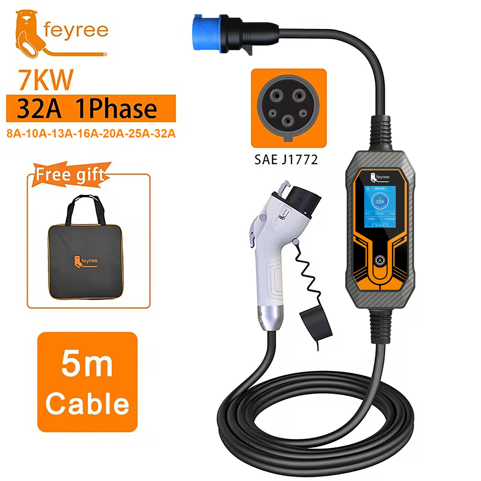Feyree Type1 J1772 7kW 32A 1Ph - đánh giá và giá Portable Ev Charger